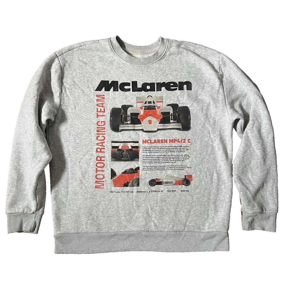 McLaren Mens L Gray Crewneck Pullover Sweatshirt Graphic Logo Motor Racing F1